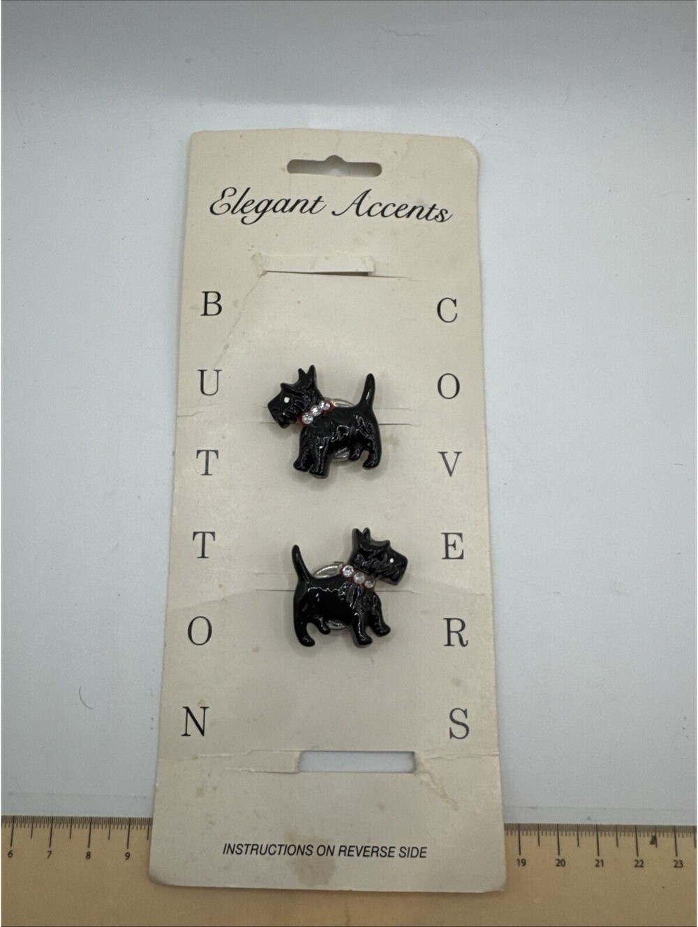 NOS Elegant Accents Enamel Scottie Dog W/ Rhinestone Collar Button Covers (2)